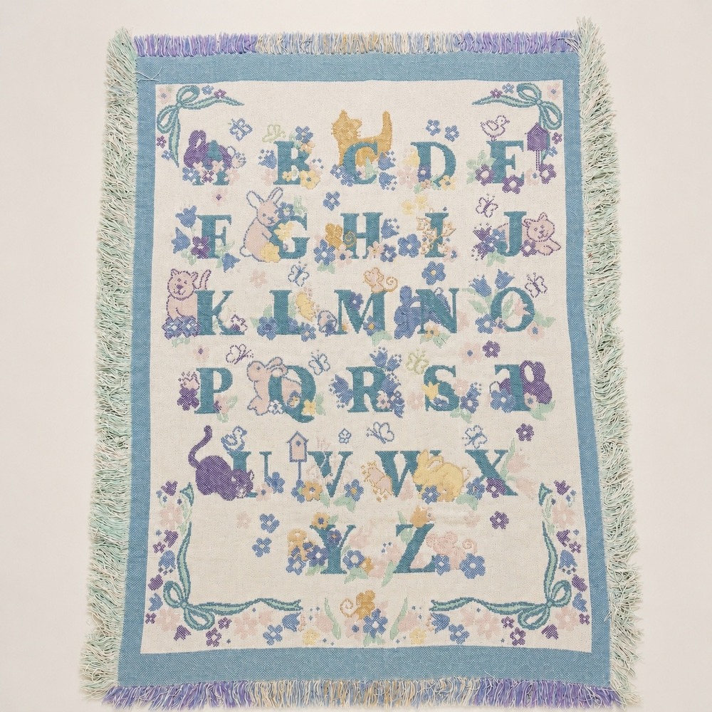 Vintage Woven Alphabet Baby Blanket Throw Pastel Animals ABC Nursery Fringe